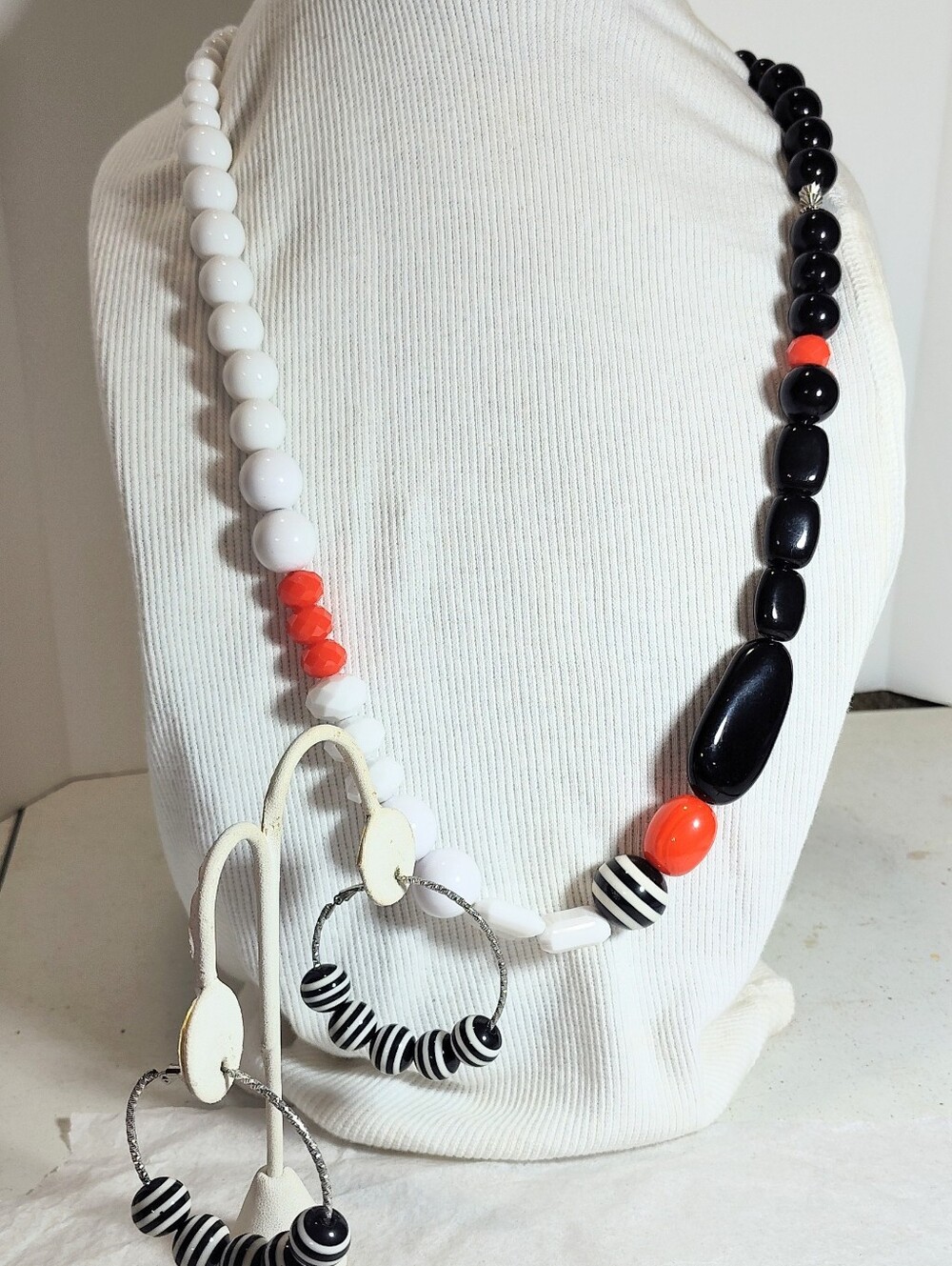 Black, White & Orange Statement Bead Necklace Hoop Earrings